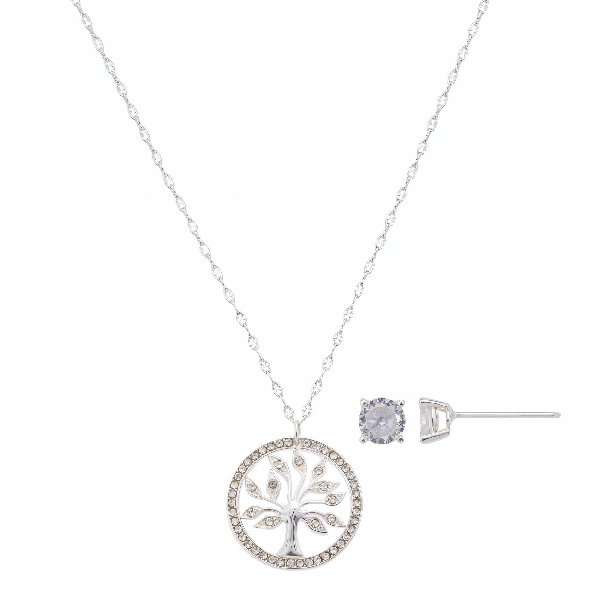 Believe by Brilliance Women's Silver Plated Cubic Zirconia Family Tree Necklace and Stud Earring Set, 18+2"