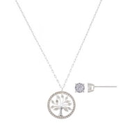 Believe by Brilliance Women's Silver Plated Cubic Zirconia Family Tree Necklace and Stud Earring Set, 18+2"