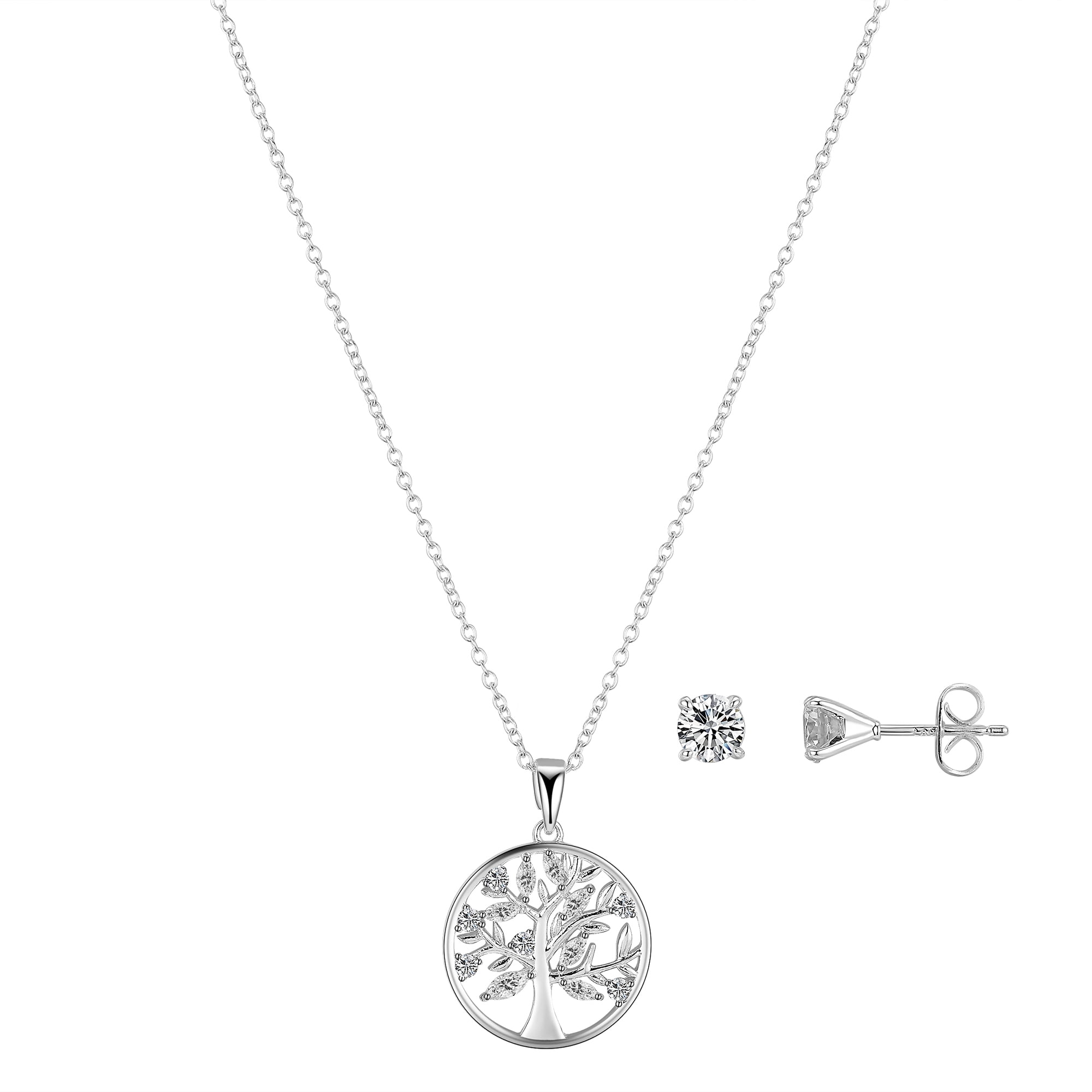BELIEVE BY BRILLIANCE Women's Fine Silver Plated Cubic Zirconia Family Tree Pendant Necklace and Stud Earring Set, 18+2" Extender