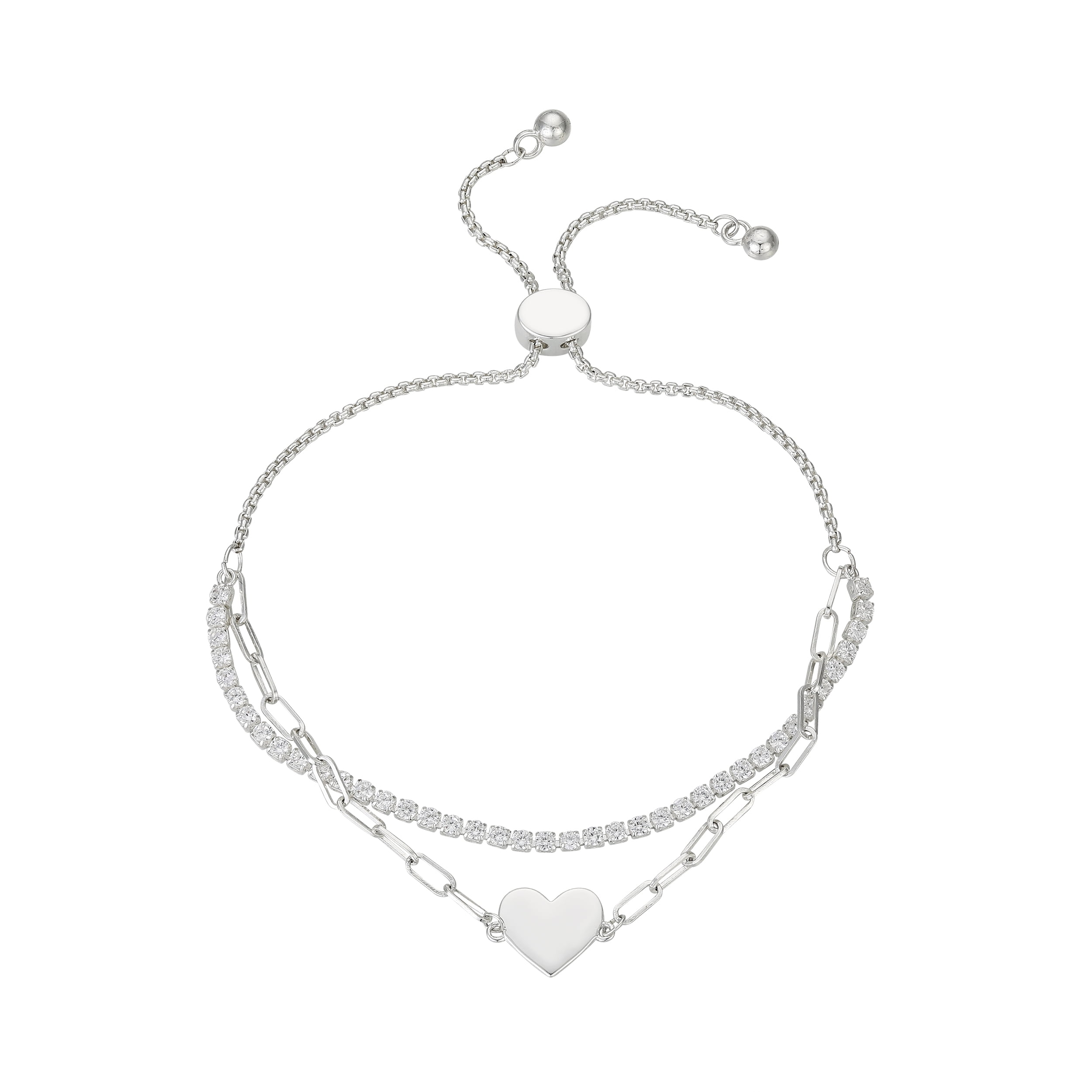 BELIEVE BY BRILLIANCE Women's Fine Silver Plated Cubic Zirconia Heart Layered Chain Adjustable Bolo Bracelet