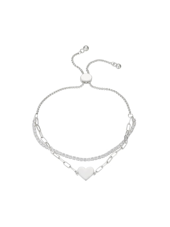 Women's Fine Silver Plated Cubic Zirconia Heart Layered Chain Adjustable Bolo Bracelet