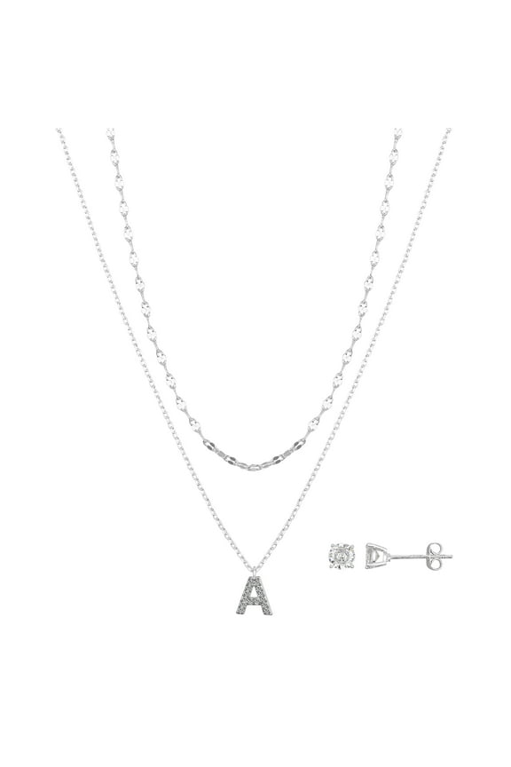 Women's Fine Silver Plated Cubic Zirconia Initial "A" Pendant Necklace and Stud Earring Set, 16/18+2" Extender