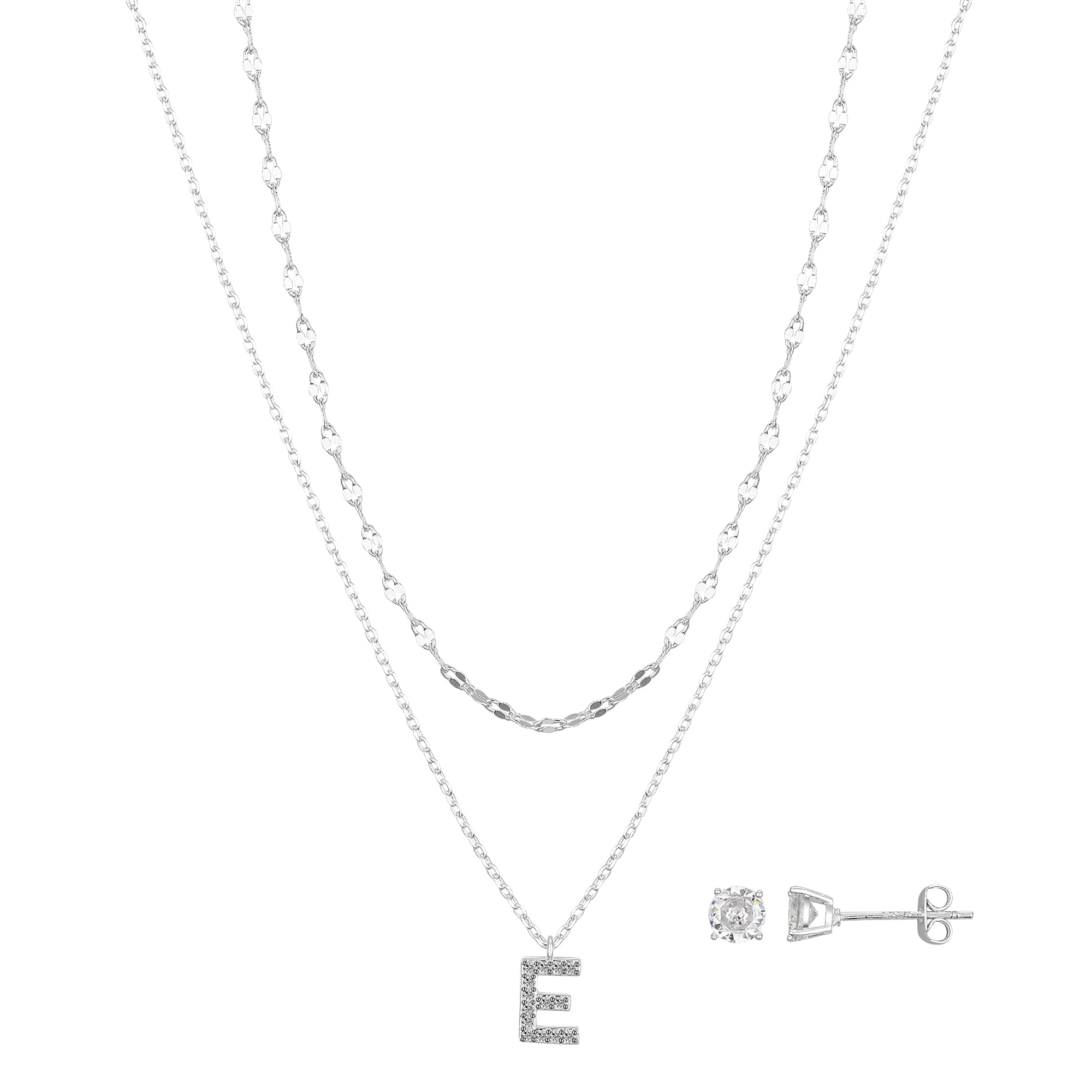 Believe by Brilliance Women's Fine Silver Plated Cubic Zirconia Initial "E" Pendant Necklace and Stud Earring Set, 16/18+2" Extender