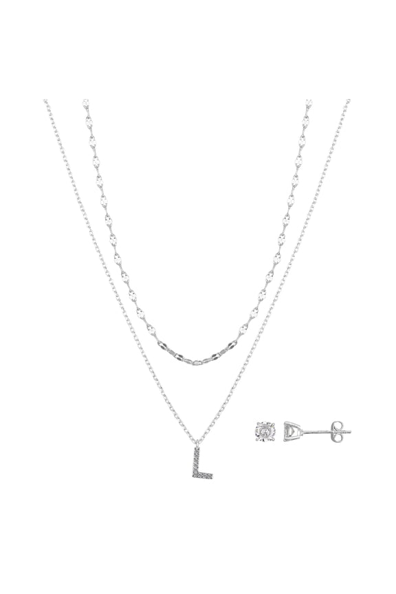 Women's Fine Silver Plated Cubic Zirconia Initial "L" Pendant Necklace and Stud Earring Set, 16/18+2" Extender