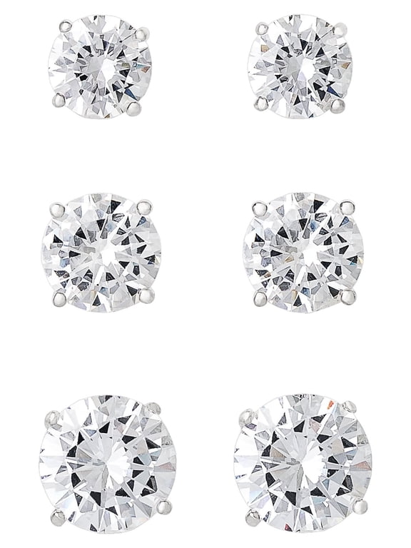, Women's Fine Silver Plated Cubic Zirconia Round Stud Earrings, 3 Pack