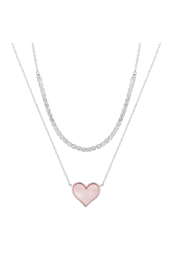 Women's Fine Silver Plated Mother of Pearl Heart and Cubic Zirconia Tennis Necklace Set, 16+2" & 18+2" Extender