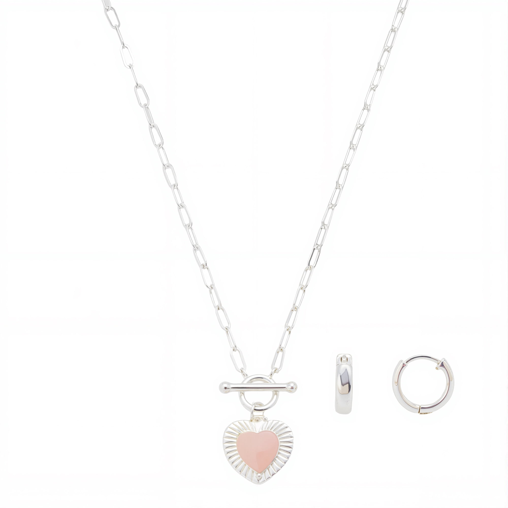 Women's Fine Silver Plated Rose Quartz Heart Pendant Necklace and Earring Set