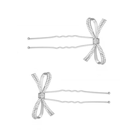 Believe by Brilliance Women's Fine Silver Plated and Genuine CZ Bow Motif Hair Pins, Female, Set of 2