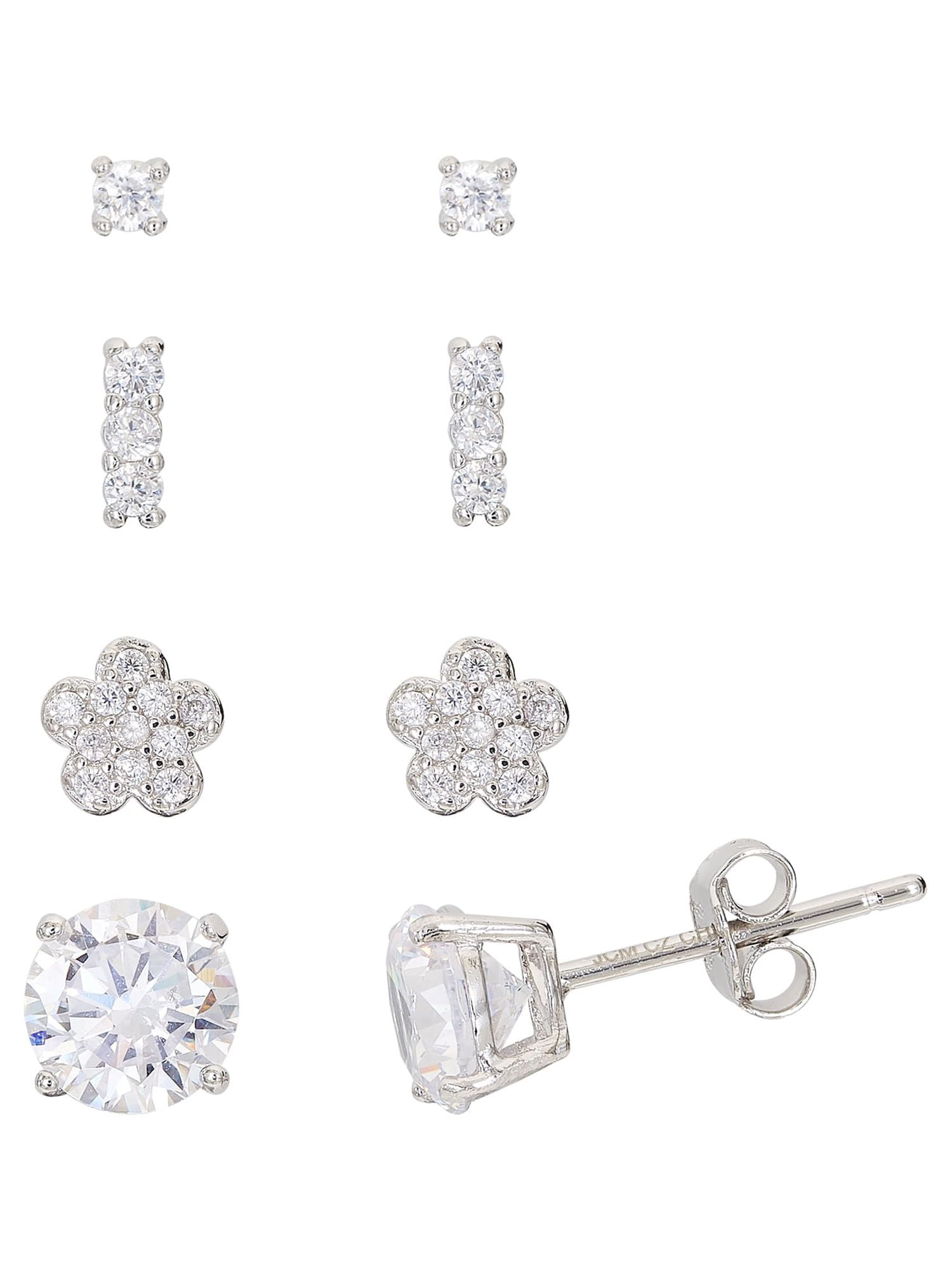Believe by Brilliance Women's Flower & Round Stud Earrings, Sterling Silver, 2.50 in, (Includes 4 Pieces)