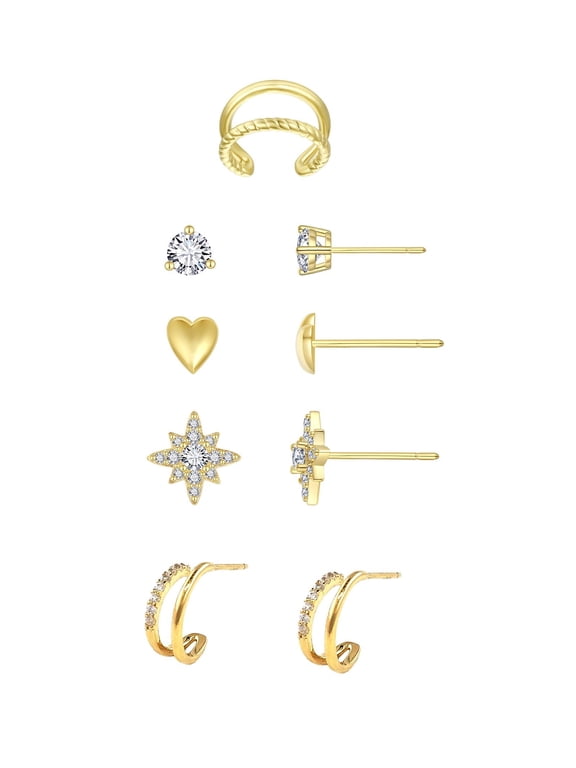 Women's Four Earring Set with Cuff in 14KT Gold Flash Plated Brass