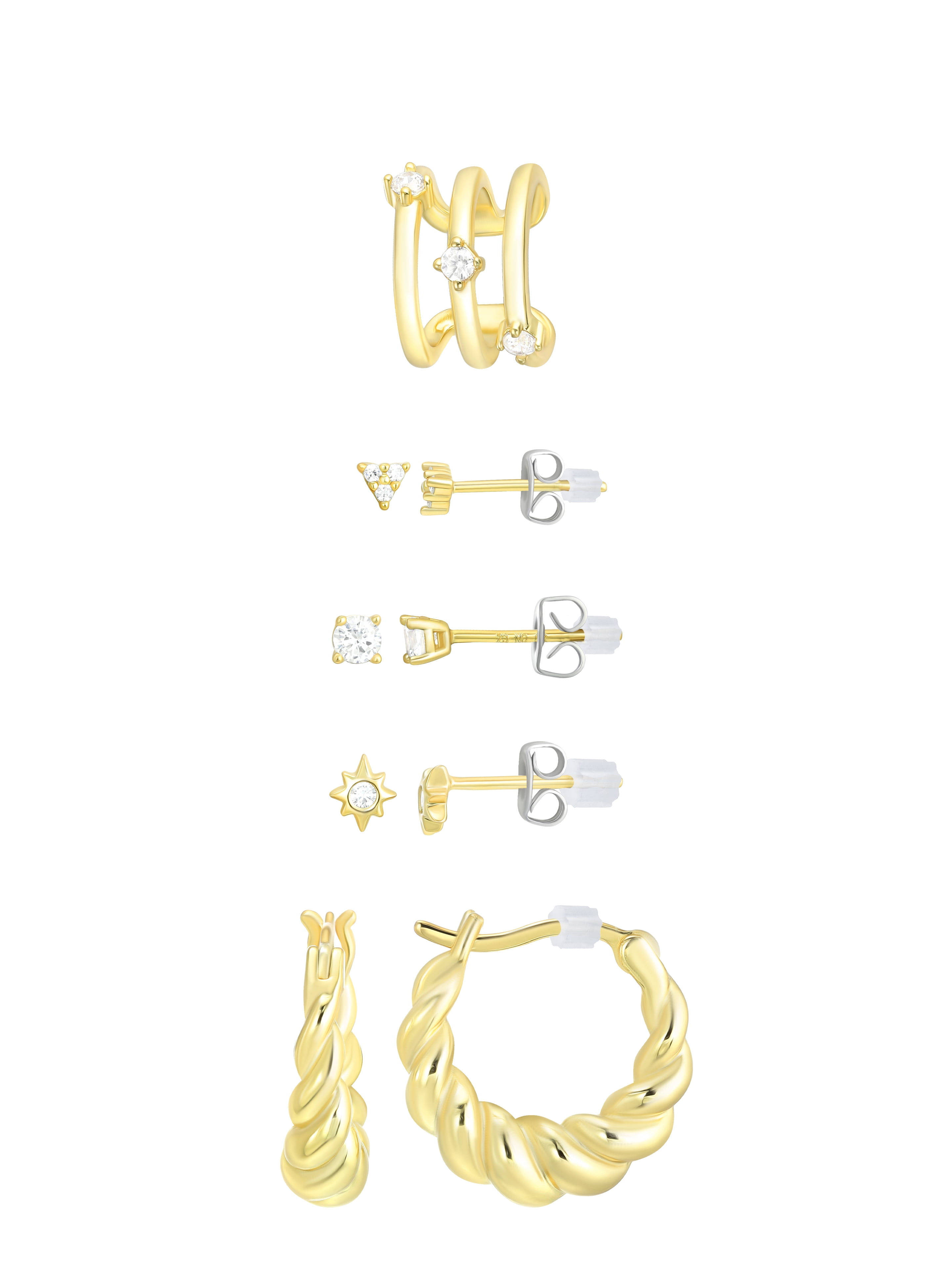 BELIEVE BY BRILLIANCE Women's Four Pair Earring Set with Cuff in 14KT Gold Flash Plated Brass