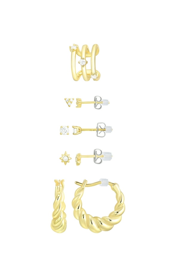Women's Four Pair Earring Set with Cuff in 14KT Gold Flash Plated Brass