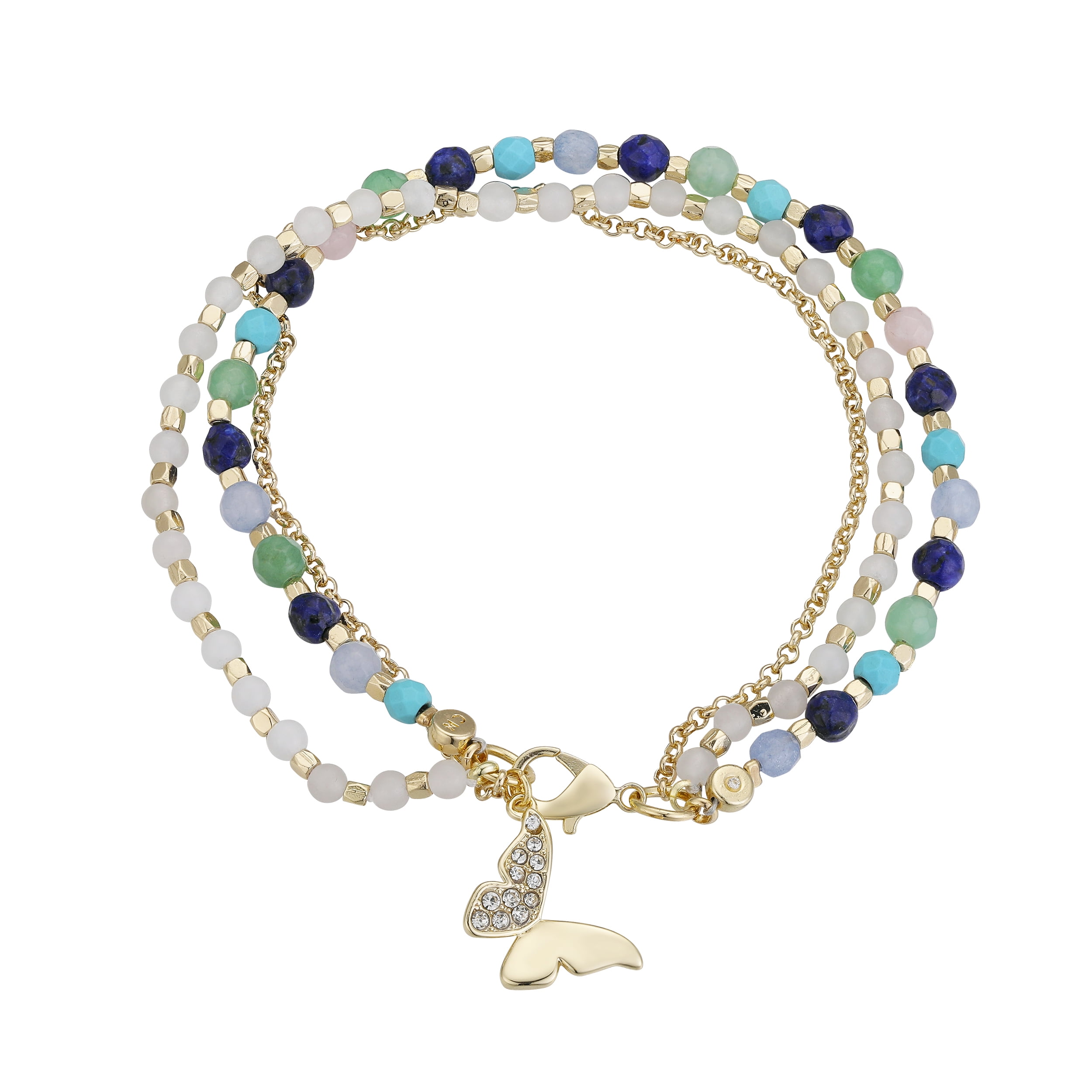 BELIEVE BY BRILLIANCE Women's Genuine Stone and Crystal Butterfly Layered Bracelet in 14Kt Gold Flash Plated Brass, 7.5"