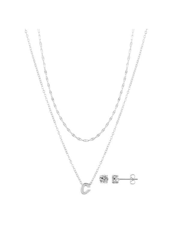 Women's Initial C Slider Layered Necklace and Stud Set, 16+2"/18+2"