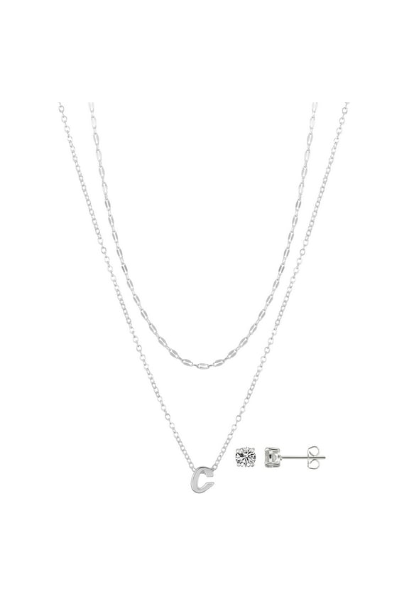 Women's Initial C Slider Layered Necklace and Stud Set, 16+2"/18+2"