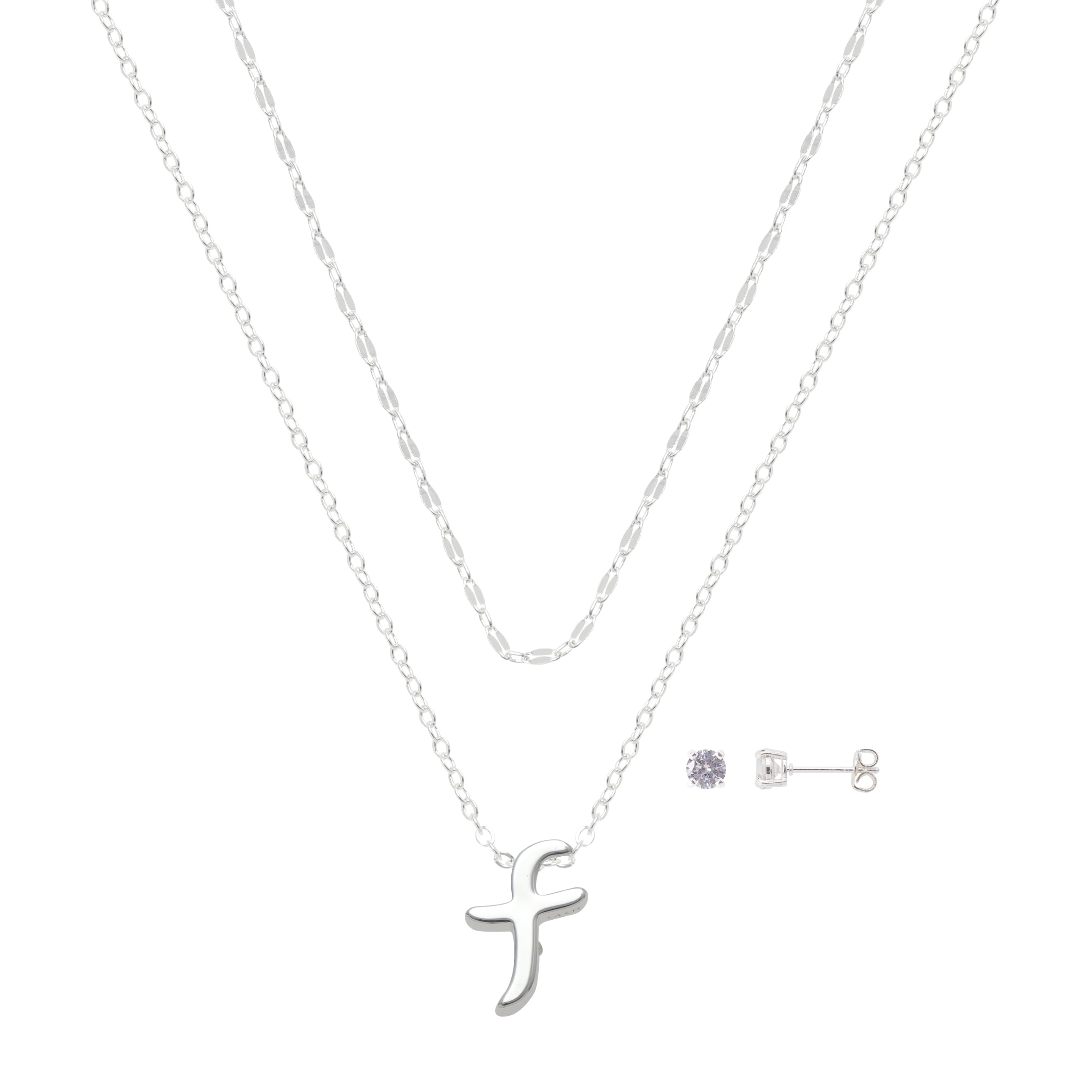 Believe by Brilliance Women's Initial F Slider Layered Necklace and Stud Set, 16+2"/18+2"