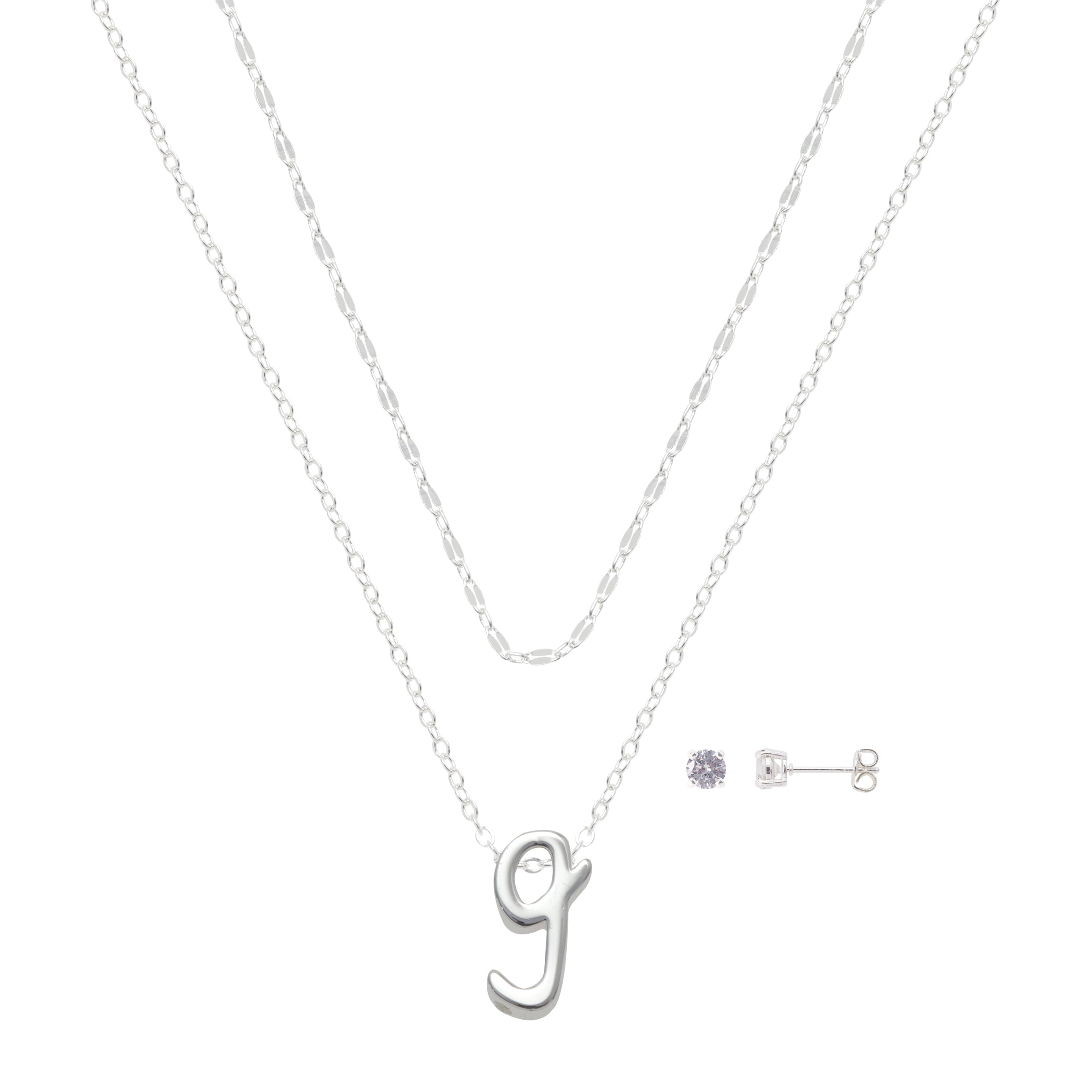 Believe by Brilliance Women's Initial G Slider Layered Necklace and Stud Set, 16+2"/18+2"
