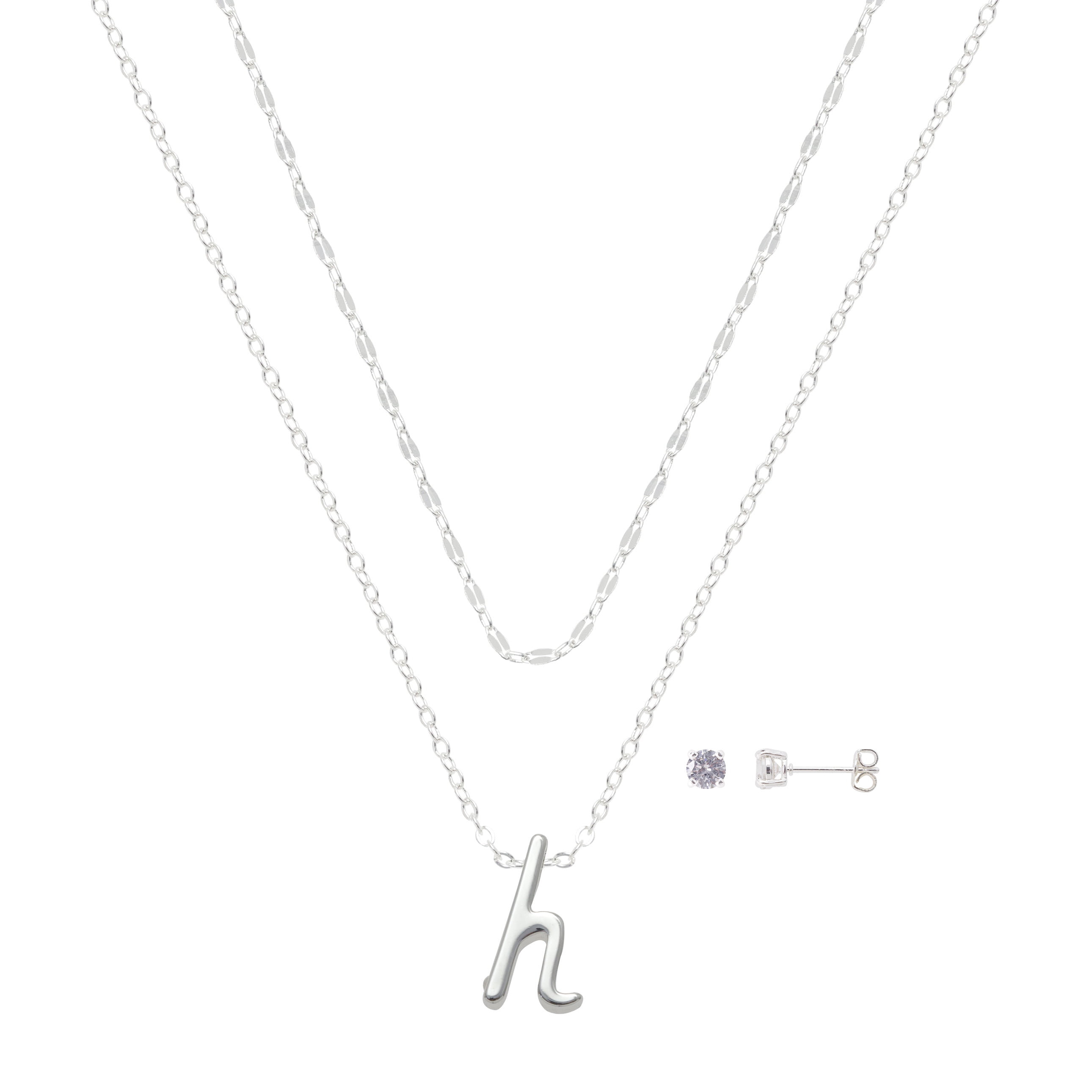 Believe by Brilliance Women's Initial H Slider Layered Necklace and Stud Set, 16+2"/18+2"