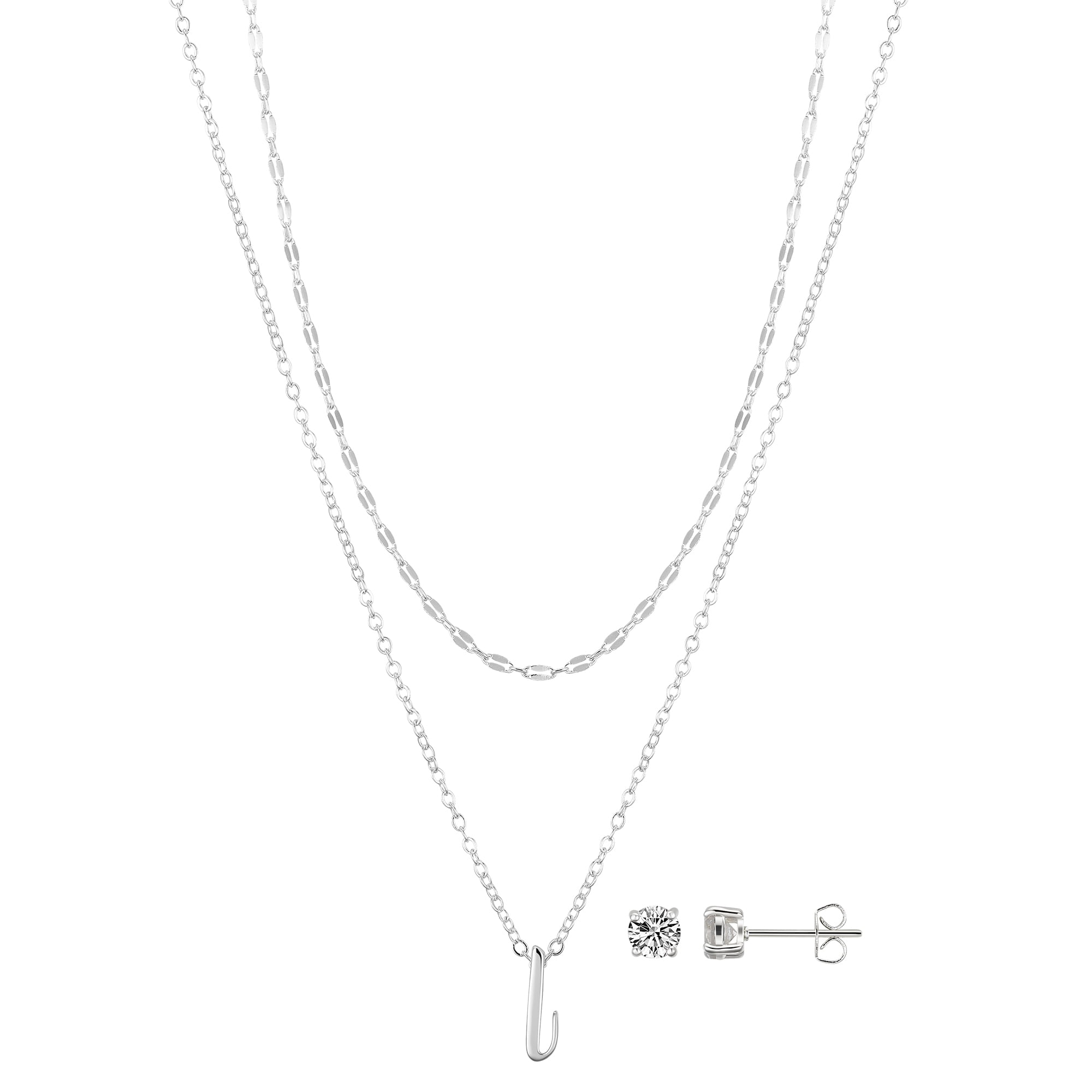 Believe by Brilliance Women's Initial L Slider Layered Necklace and Stud Set, 16+2"/18+2"