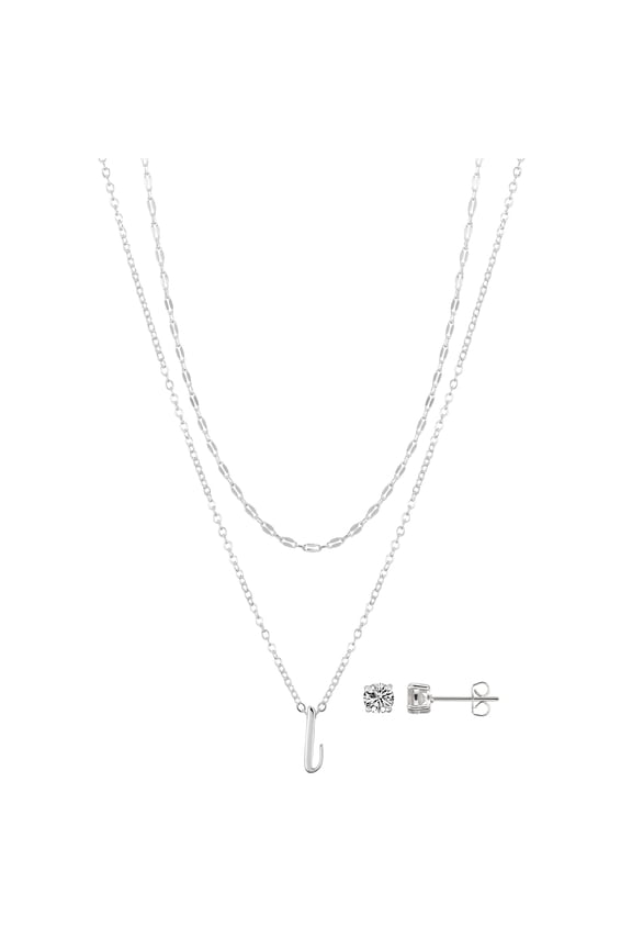 Women's Initial L Slider Layered Necklace and Stud Set, 16+2"/18+2"