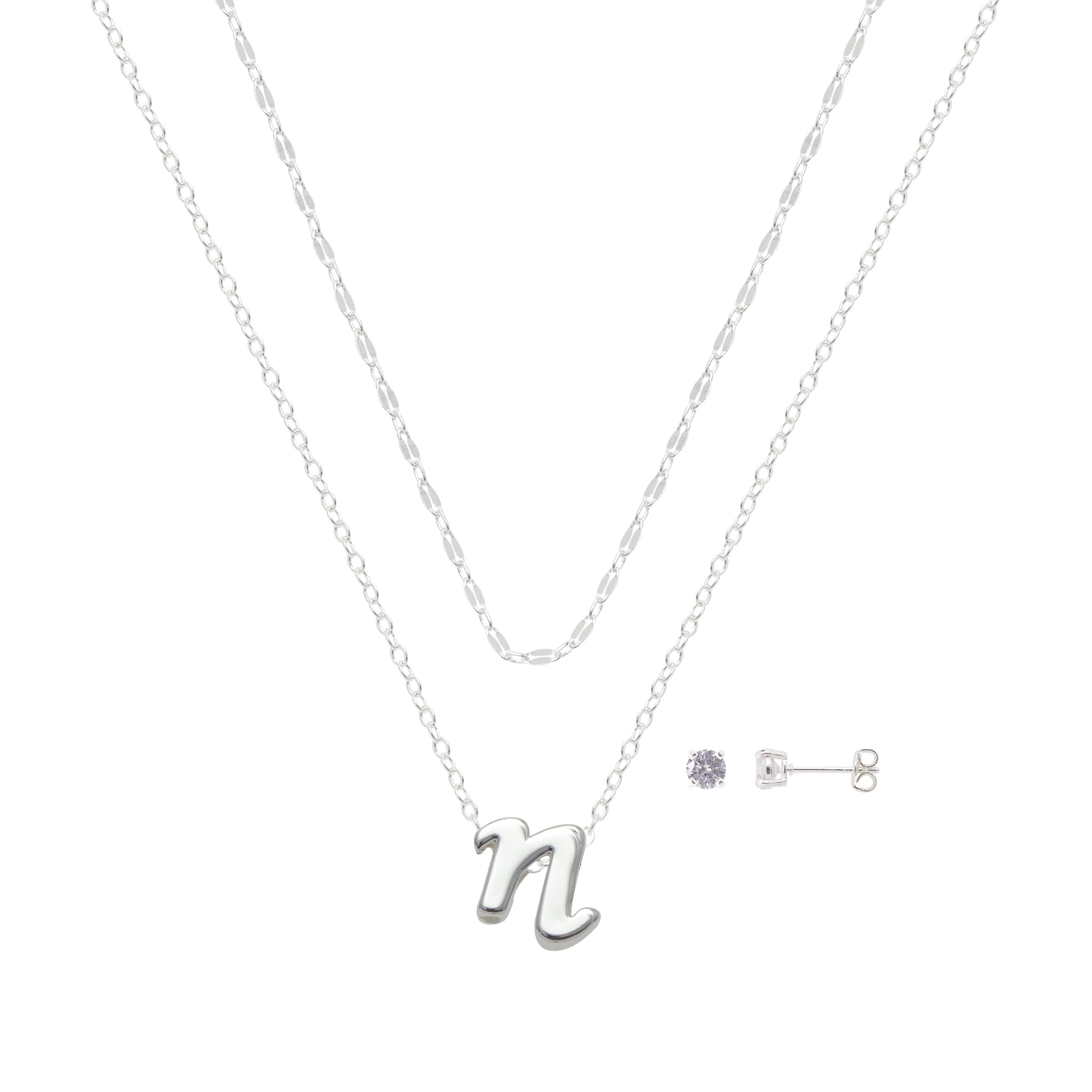 Believe by Brilliance Women's Initial N Slider Layered Necklace and Stud Set, 16+2"/18+2"