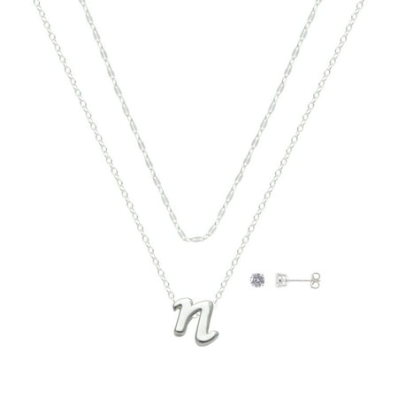 Believe by Brilliance Women's Initial N Slider Layered Necklace and Stud Set, 16+2"/18+2"