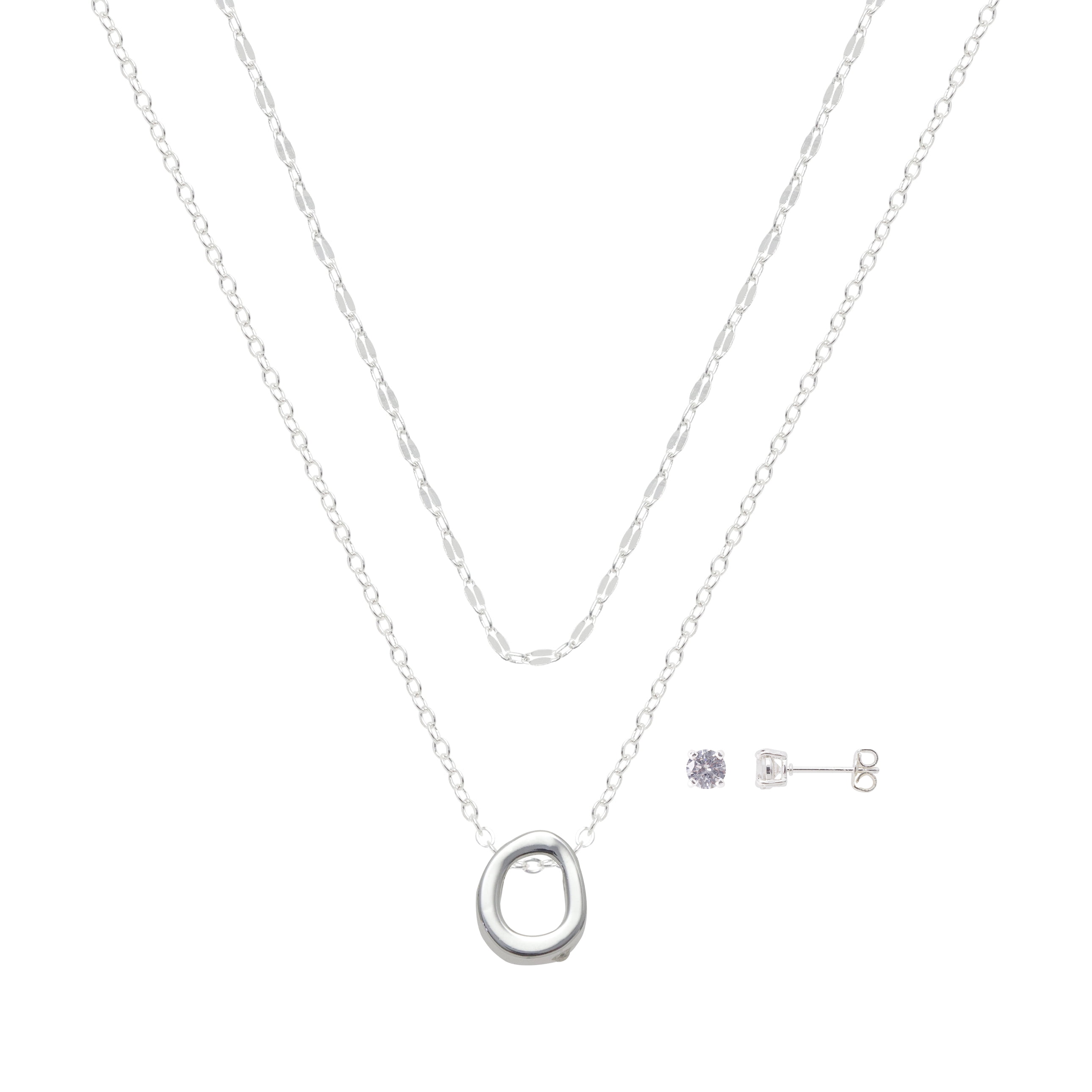 Believe by Brilliance Women's Initial O Slider Layered Necklace and Stud Set, 16+2"/18+2"