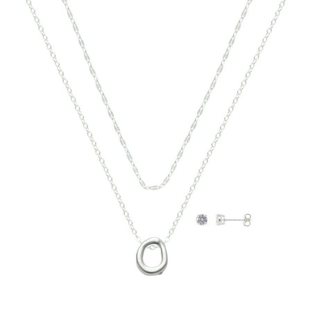 Believe by Brilliance Women's Initial O Slider Layered Necklace and Stud Set, 16+2"/18+2"