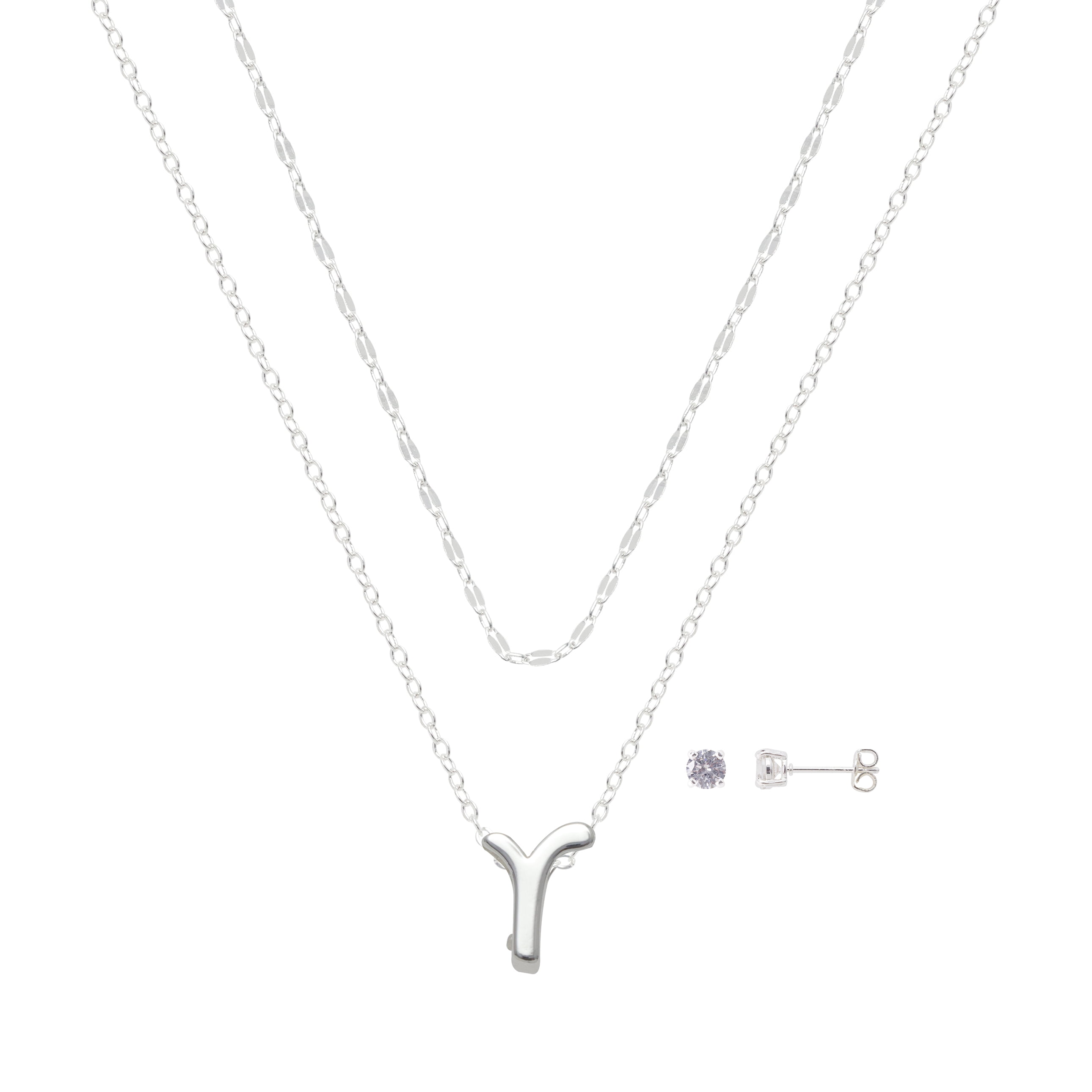 Believe by Brilliance Women's Initial R Slider Layered Necklace and Stud Set, 16+2"/18+2"