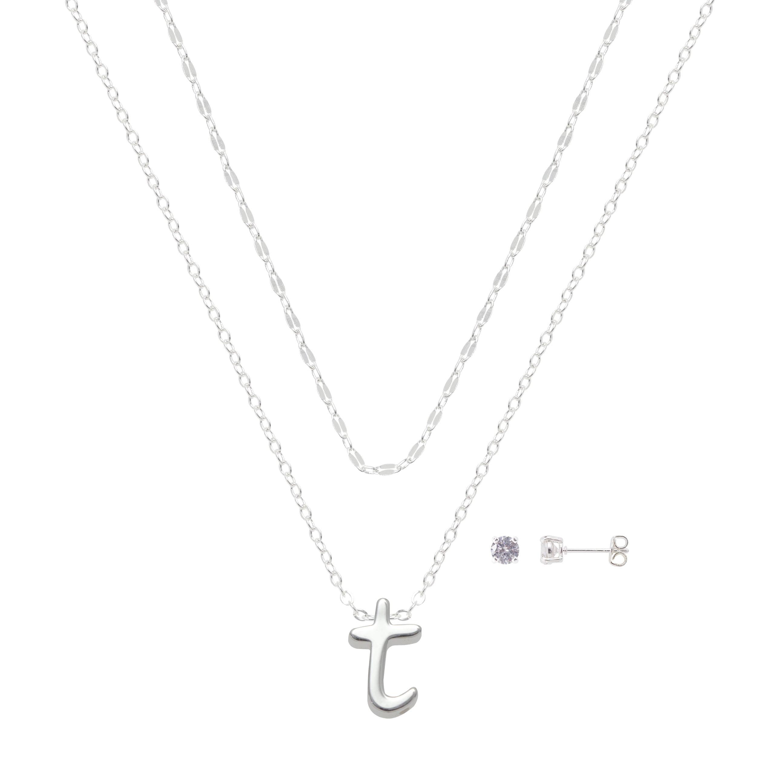 Believe by Brilliance Women's Initial T Slider Layered Necklace and Stud Set, 16+2"/18+2"