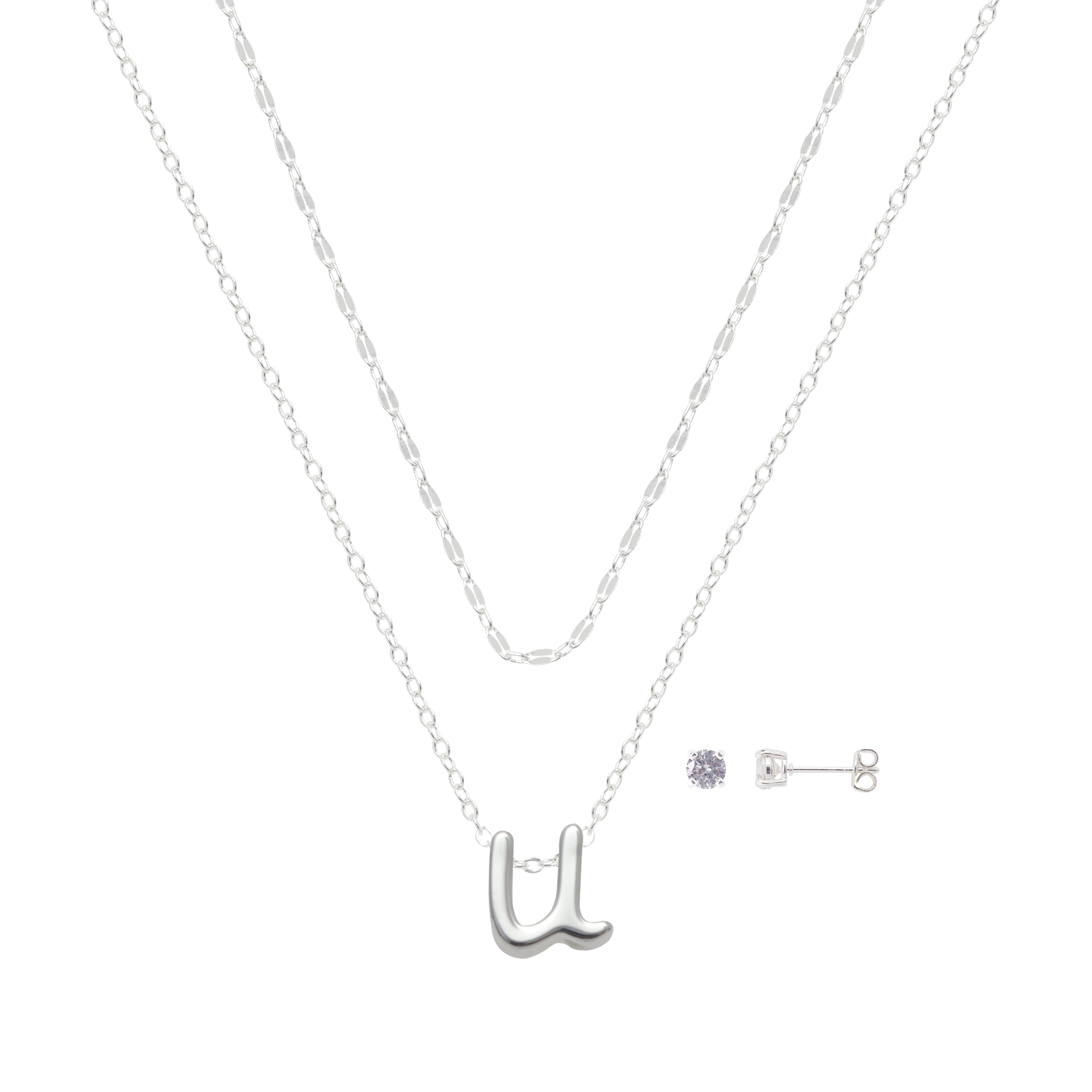 Believe by Brilliance Women's Initial U Slider Layered Necklace and Stud Set, 16+2"/18+2"