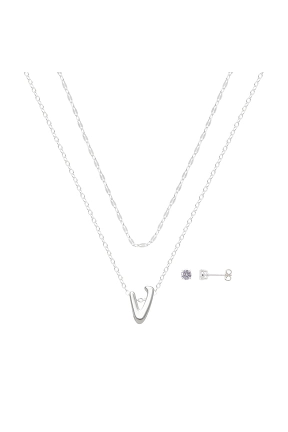 Women's Initial V Slider Layered Necklace and Stud Set, 16+2"/18+2"
