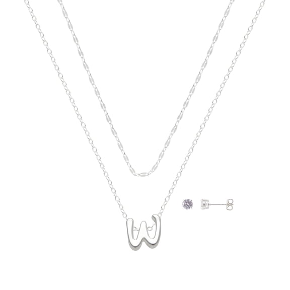 Believe by Brilliance Women's Initial W Slider Layered Necklace and Stud Set, 16+2"/18+2"