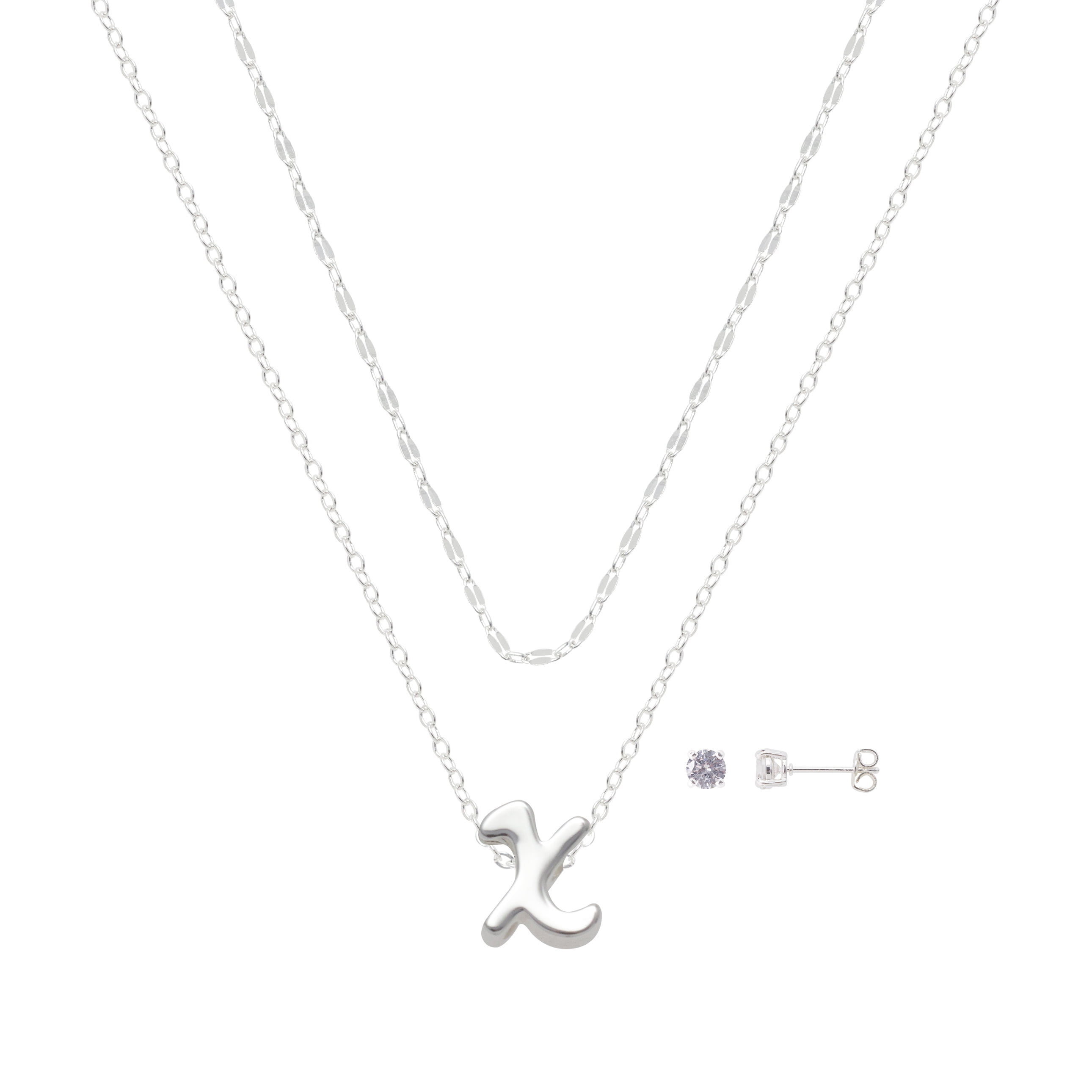 Believe by Brilliance Women's Initial X Slider Layered Necklace and Stud Set, 16+2"/18+2"