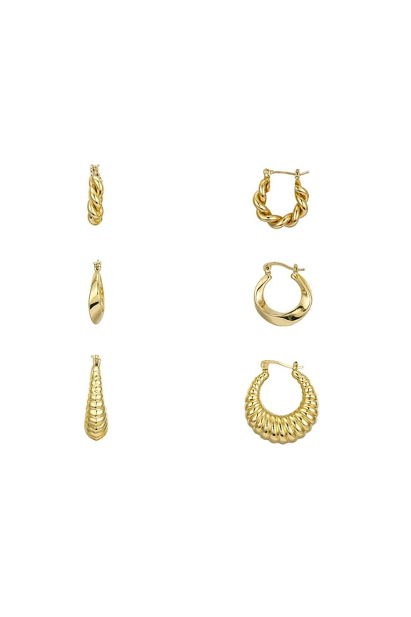 Women's Rope, Wave, Twist Puff Hoop Earring Set in 14K Gold Flash Plated Brass, 3-Pieces