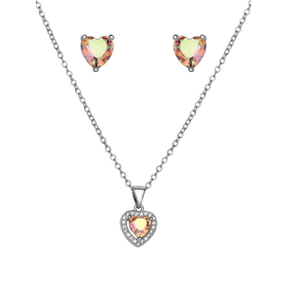 Believe by Brilliance Women's Silver Plated Crystal Heart Earring and Pendant Set, 18" + 2"