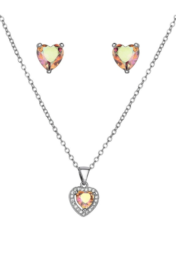 Women's Silver Plated Crystal Heart Earring and Pendant Set, 18" + 2"