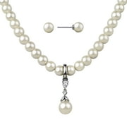 Believe by Brilliance Womens Simulated Pearl Necklace Set in Fine Silver Plated Brass
