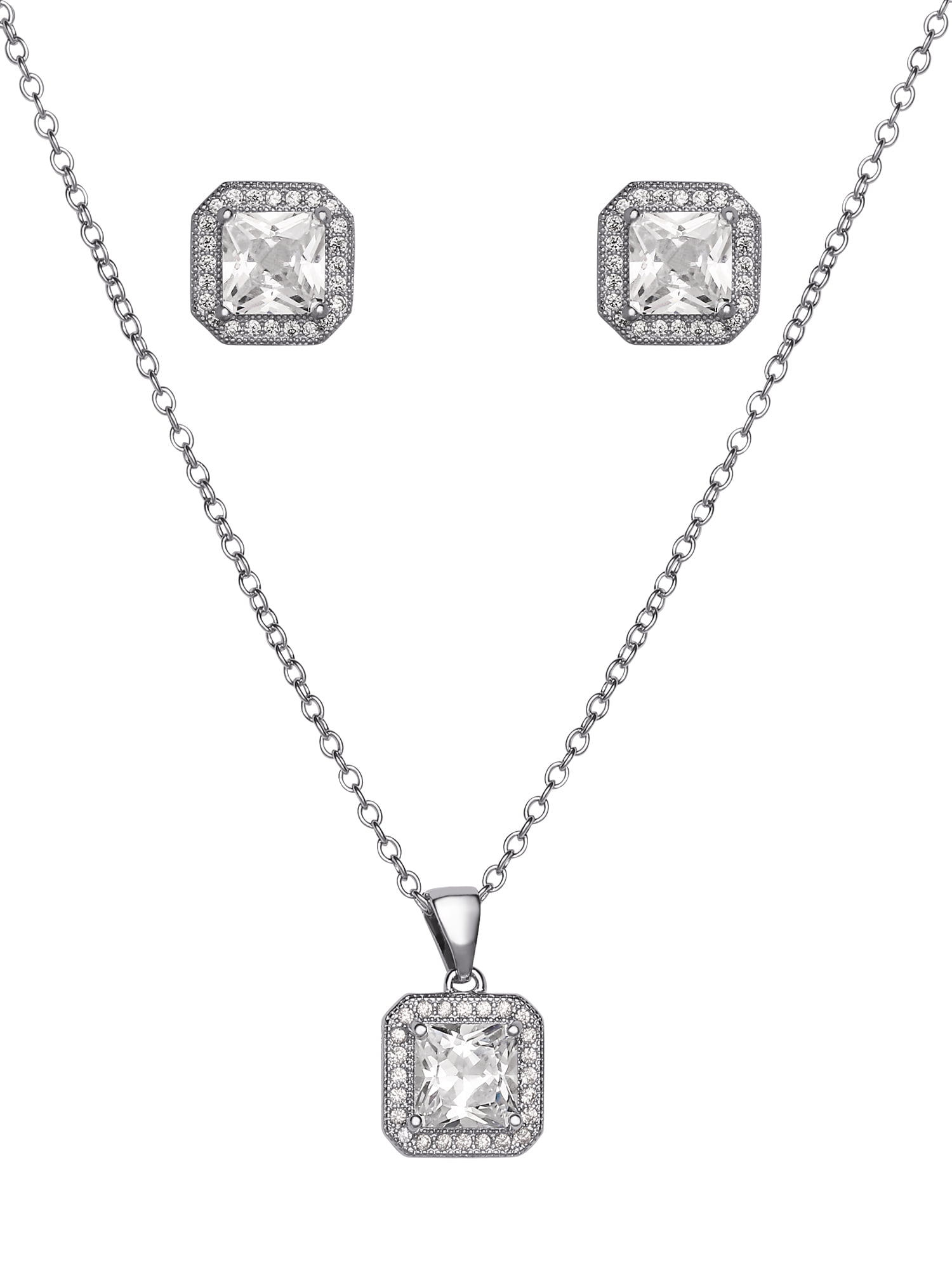 Believe Women's Square Cubic Zirconia Earrings and Pendant Set in Silver-Plated Brass