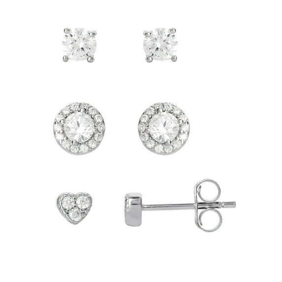 Believe by Brilliance Women's Sterling Silver Cubic Zirconia Earring Set, Heart, Square, and Halo, 3 Pair