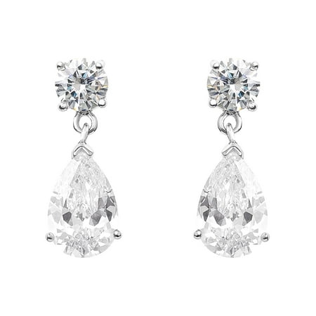 Believe by Brilliance Women's Sterling Silver and Cubic Zirconia Double Stone Pear Drop Earrings