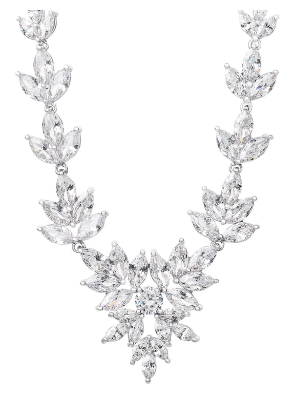 Women's Sterling Silver and Cubic Zirconia Leaves Cluster Statement Necklace, 18"+ 2"