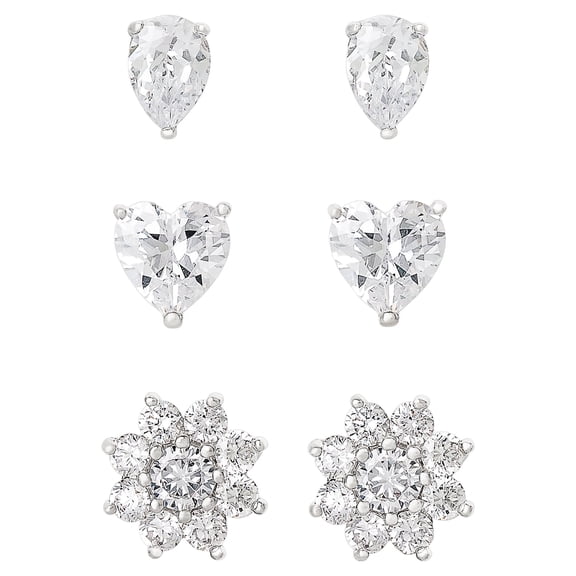 Believe by Brilliance Women's Sterling Silver and Cubic Zirconia Multi Shape Stud Earrings, Set of 3