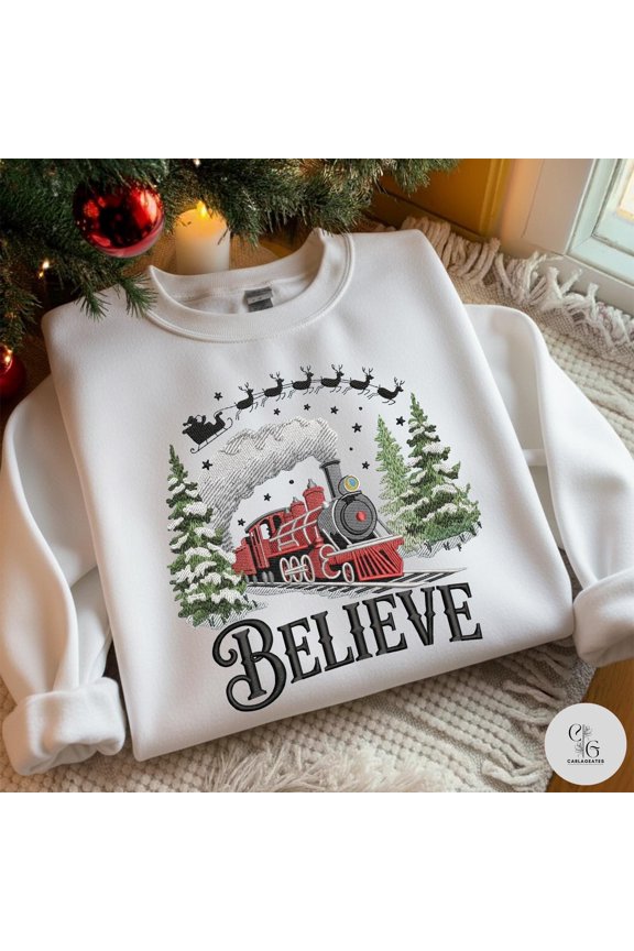Believe christmas train embroidery Sweatshirt, Polar Express Christmas Train Sweater, christmas believe embroidery Shirt