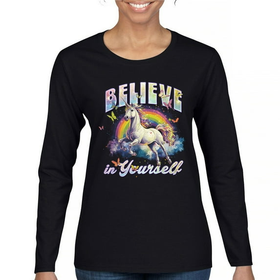 Believe in Yourself Unicorn Women's Long Sleeve T-shirt Colorful Rainbow Magical Pony