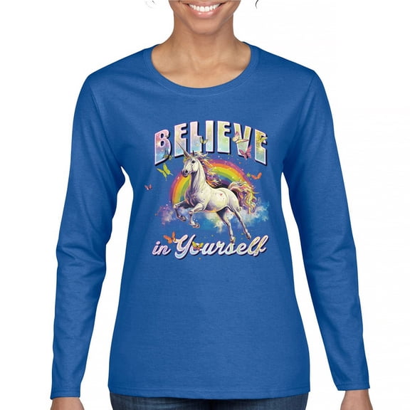 Believe in Yourself Unicorn Women's Long Sleeve T-shirt Colorful Rainbow Magical Pony