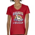 thumbnail image 1 of Believe in Yourself Unicorn Women's V-Neck T-shirt Colorful Rainbow Magical Pony, 1 of 7