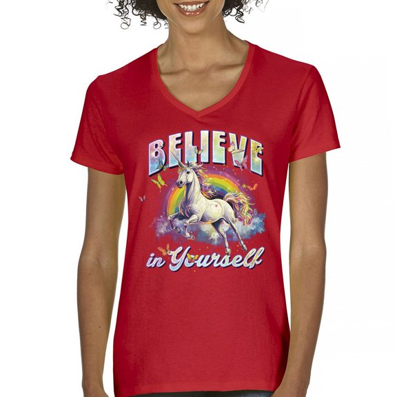 Believe in Yourself Unicorn Women's V-Neck T-shirt Colorful Rainbow Magical Pony