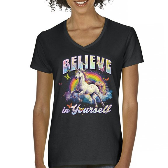 Believe in Yourself Unicorn Women's V-Neck T-shirt Colorful Rainbow Magical Pony
