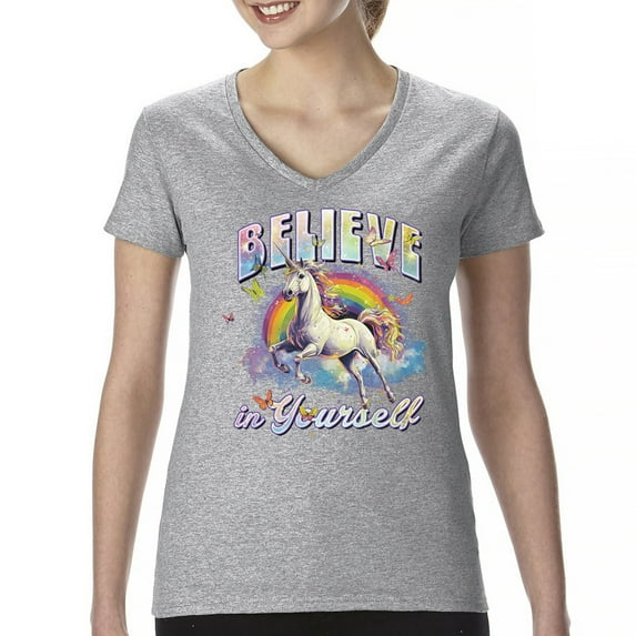 Believe in Yourself Unicorn Women's V-Neck T-shirt Colorful Rainbow Magical Pony